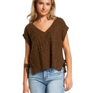 NEW Buckle Blu Peper Cable Knit Boxy Sweater Medium Brown Side Tie Bow Cut Out